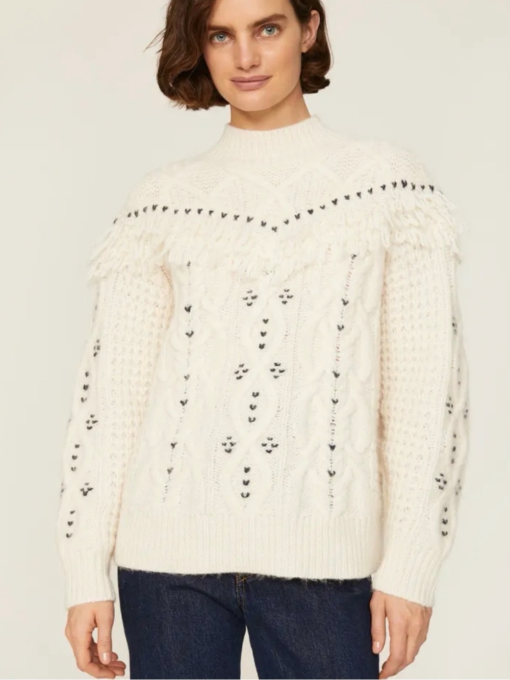 Club Monaco Wool Alpaca Blend Cream Fringe Cable Mockneck Sweater